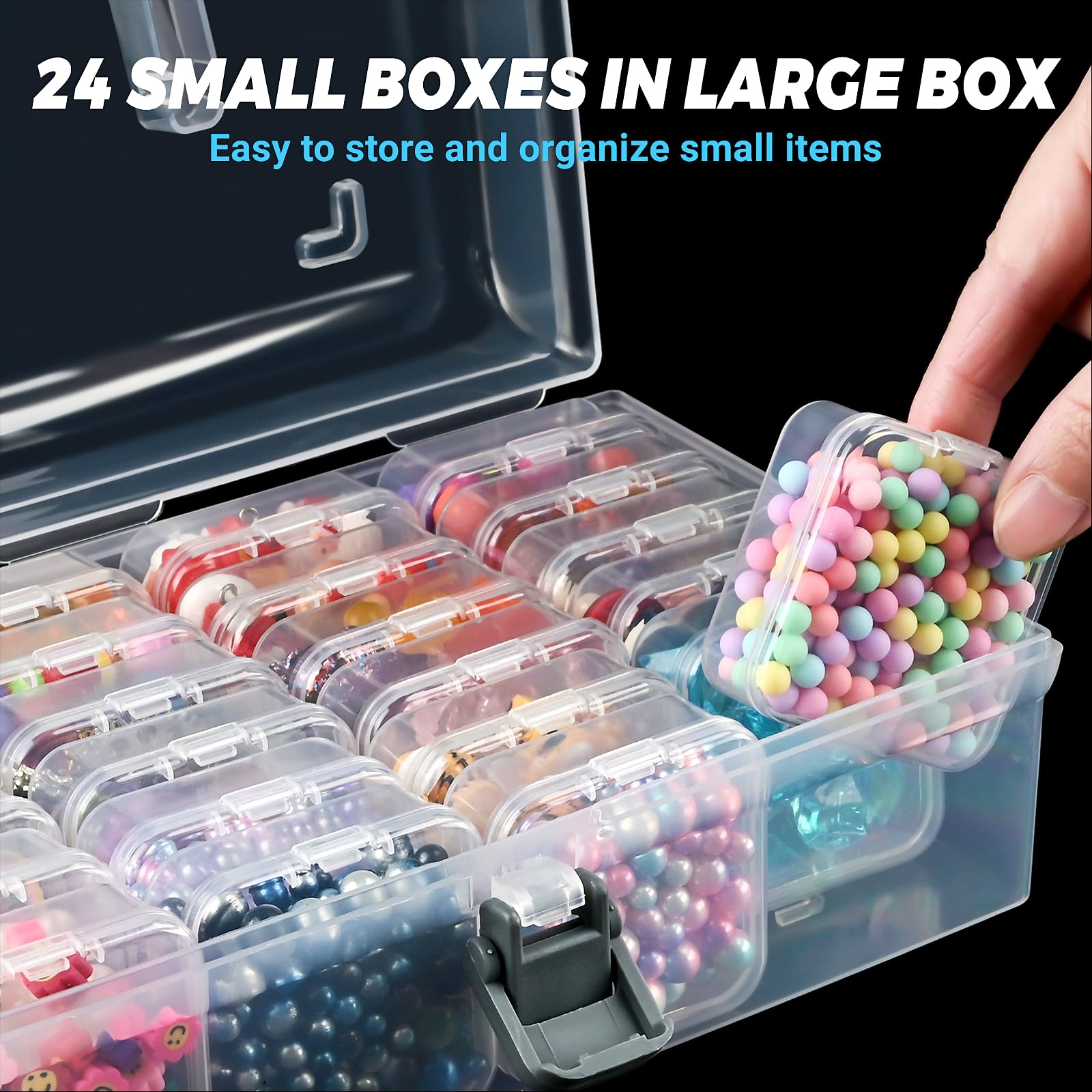 Jutieuo Bead Organizer Box with Handle, 25 Pcs Small Bead Organizers and Rectangle Storage Plastic Cases, Mini Clear Bead Storage Containers Boxes with Hinged Lid