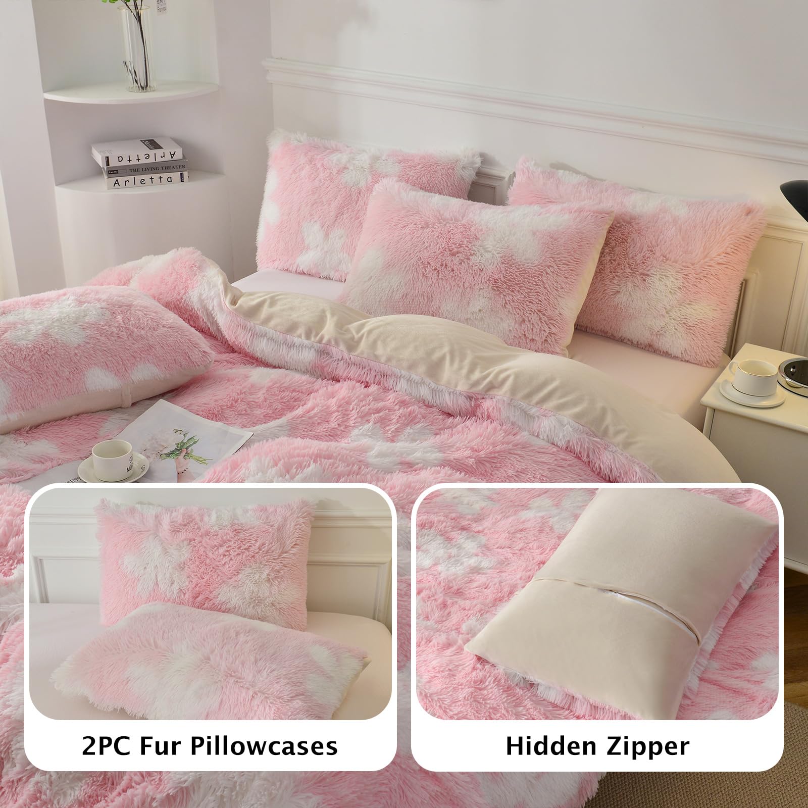 BEDMEO Tie Dye Plush Luxury Fluffy Faux Fur Duvet Cover Set,Soft Crystal Velvet Bedding Sets,Boho Bedding for 3 Pieces Chic Home Duvet Covers(1 Furry Duvet Cover + 2 Pillowcases) King,Tie-Dye Pink