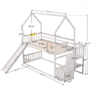 LostCat Twin Over Twin Bunk Bed with Convertible Slide, House Shaped Pine Bunk Bed with Safety Guardrail, Ladder& Storage Staircase, No Box Spring Needed, Suitable for Girls Boys White