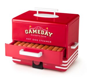 nostalgia, game day hot dog steamer and bun warmer, fits 20 dogs and 8 buns, steams pot stickers, veggies, potatoes, and other appetizers or toppings