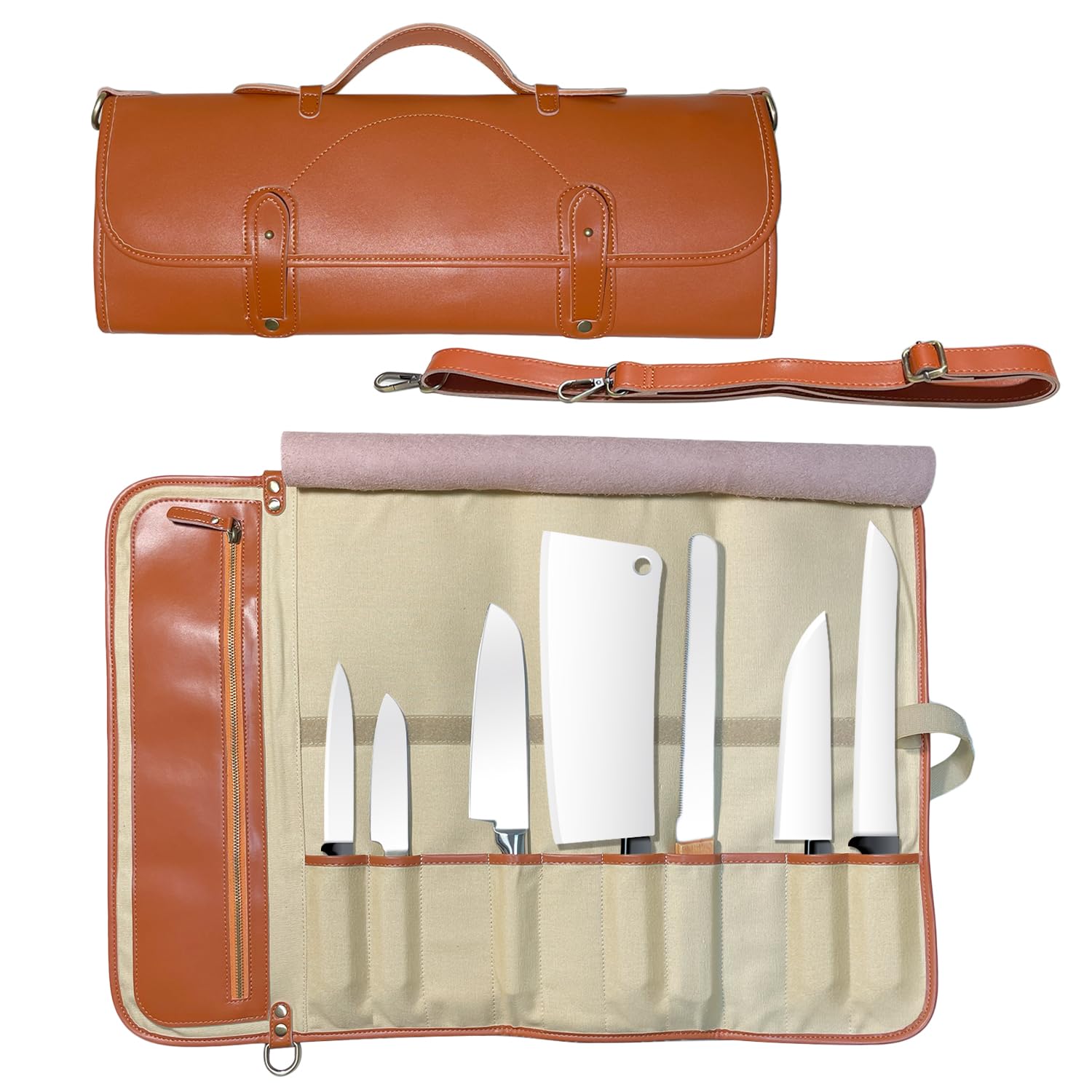 Begin Anywhere Premium Knife Roll Bag Convenient Storage and Protection for Your Chef Knives - Full Body Leather Made Ideal Knife Bag for Chefs, 10 Knife Slots and 1 Zipper Pocket