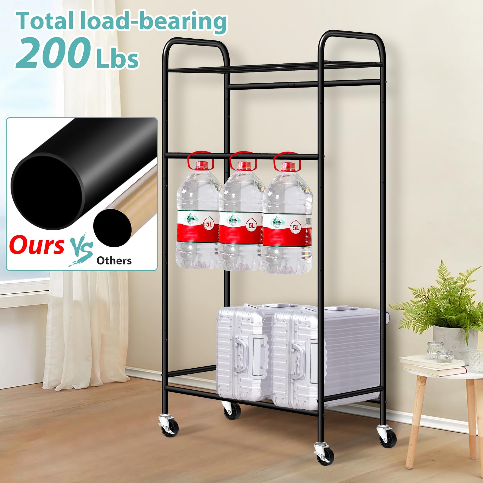 AOODA Double Rod Long Clothing Racks for Hanging Clothes, Heavy Duty Rolling Garment Rack with Top Shelves, Portable Closet Wardrobe Clothes Rack with Wheels for Dresses, Coats, Shirts (Black)