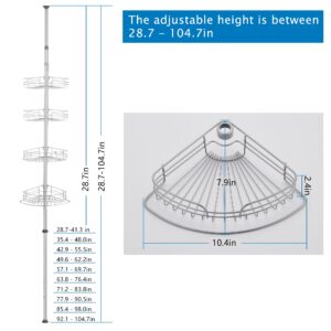 WPT Grey Shower Caddy Tension Pole for Bathroom, Stainless Steel Corner Shower Caddy Organizer Stand for Bathtub Shampoo Storage, 4 Tier Adjustable Shelves, 28.7 to 104.7 Inches