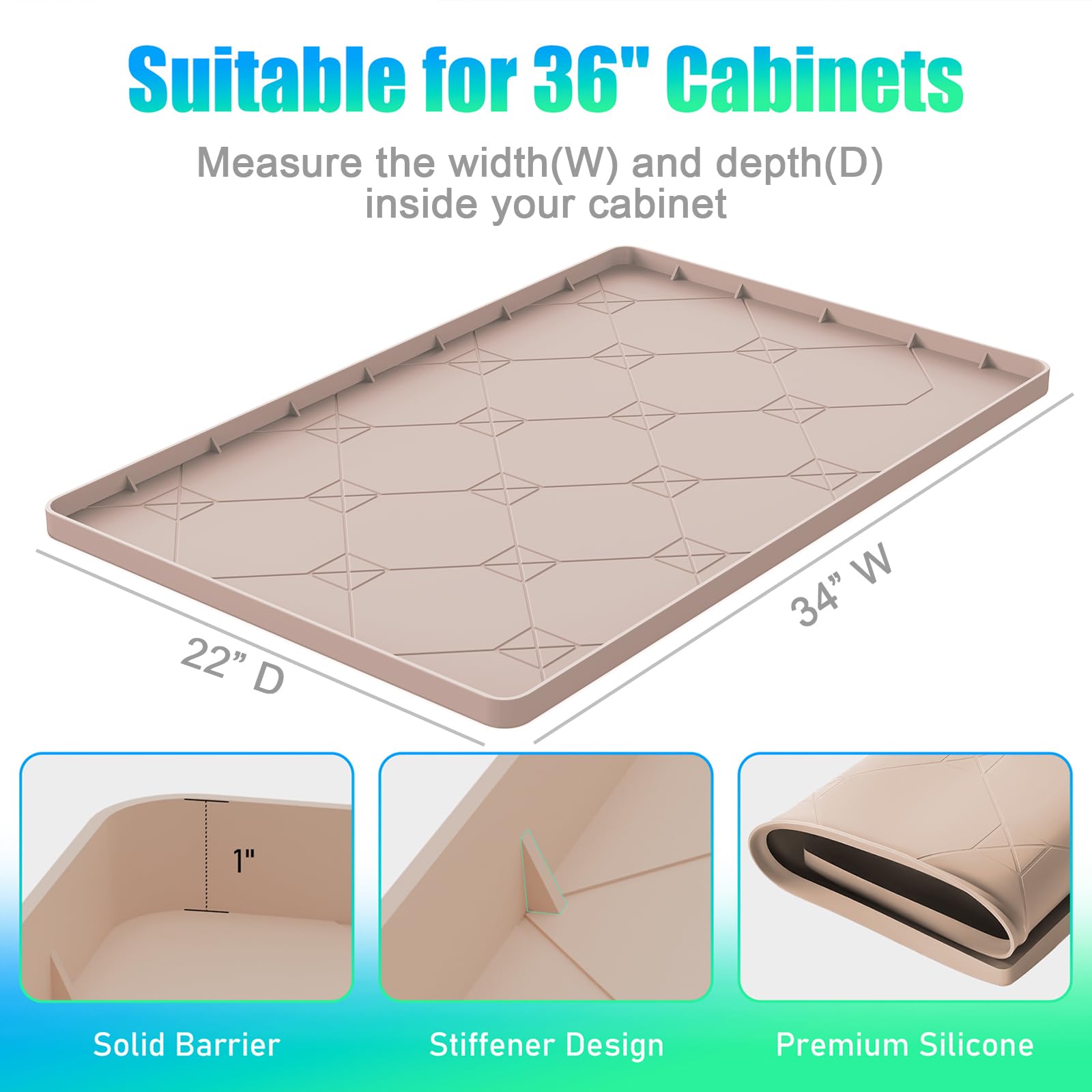 Under Sink Mats for Kitchen Waterproof, 34" × 22" Silicone Under Sink Liner Drip Tray, Cabinet Protector Mat for Drips, Leaks, Spills, Fits 36'' Standard Bathroom Cabinets