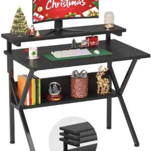 COTUBLR Small Desk, 27.5 Inch Small Computer Desk for Small Spaces, Computer Desk with Adjustable Monitor Stand, Compact Desk with Storage, Tiny Desk Study Desk for Bedroom Home Office, Black