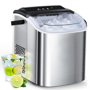 joy pebble stainless steel ice maker countertop, 26lbs/24h, 9 cubes ready in 6-8 mins, self-cleaning portable ice maker with handle, for home/office/bar (silver)