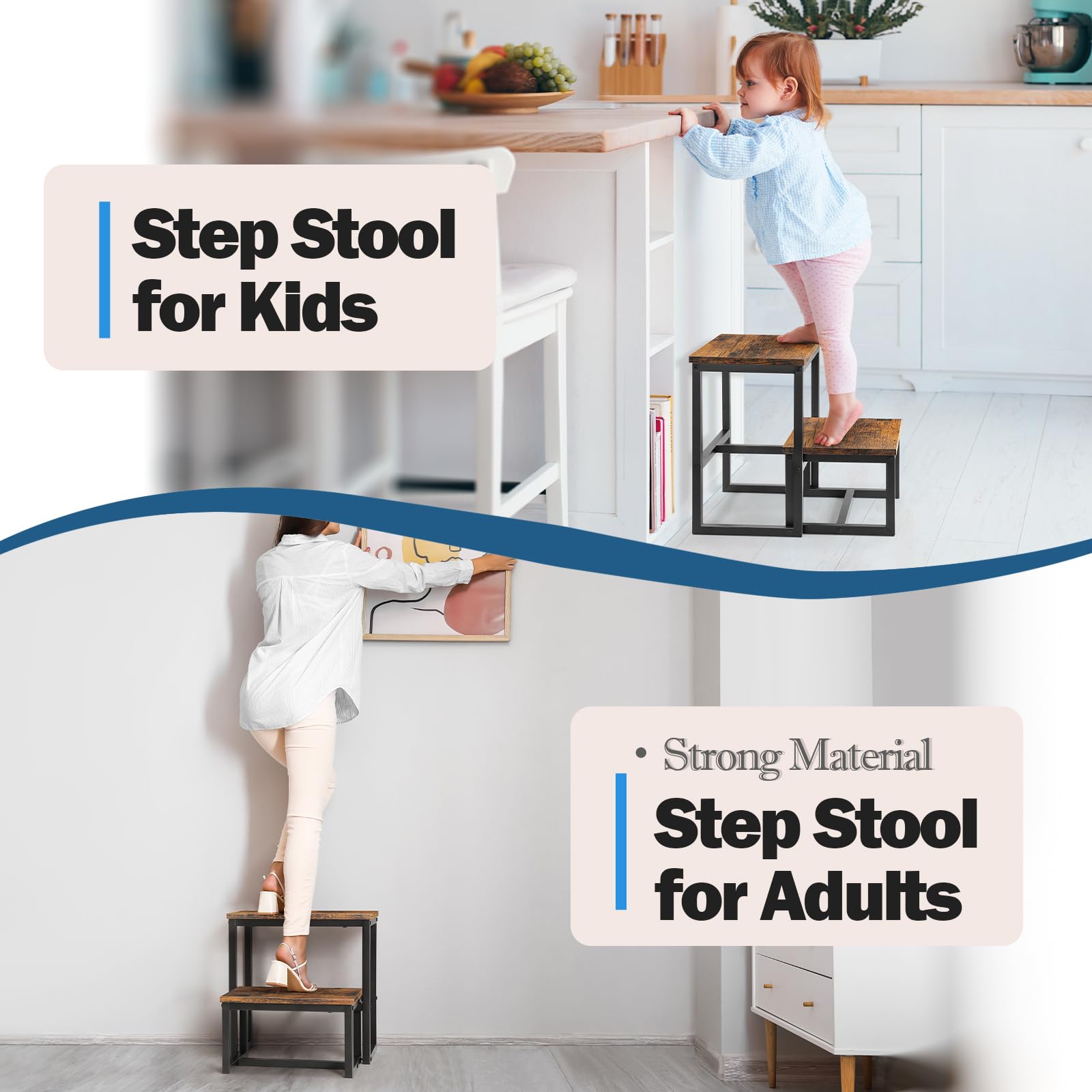 LIANTRAL Step Stools for Adults Kids, 3 in1 Heavy Duty Sturdy Two Step Stool, Supports Up to 500lb, Wooden Board Metal Frame, Foot Stool for High Bed Kitchen Bathroom - Rustic Brown