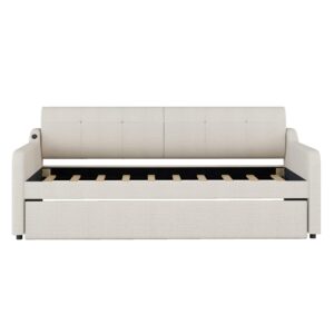 Twin Size Wood Upholstery Sofa Bed,Convertible Sleeper Sofa with Trundle and USB Charging,Trundle Can Be Flat or Erected,for Living Room Bedroom