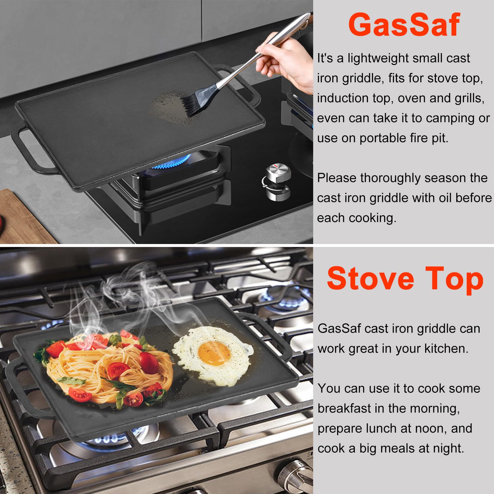 GasSaf Cast Iron Double Sided Griddle Stove Top Indoor Cooking, Reversible Grill Pan for Gas Grill Top Outdoor Camping, 13 x 8.25 Stovetop Griddle Pan, Double Burner Gas Stove Grill Flat Griddle Pan