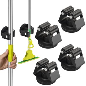 ulibermagnet magnetic mop broom holder,heavy duty movable magnetic broom holder rack,anti-slip wall mounted utility storage mop shovel hanger for garage, kitchen, laundry, garden(4 pack/black)