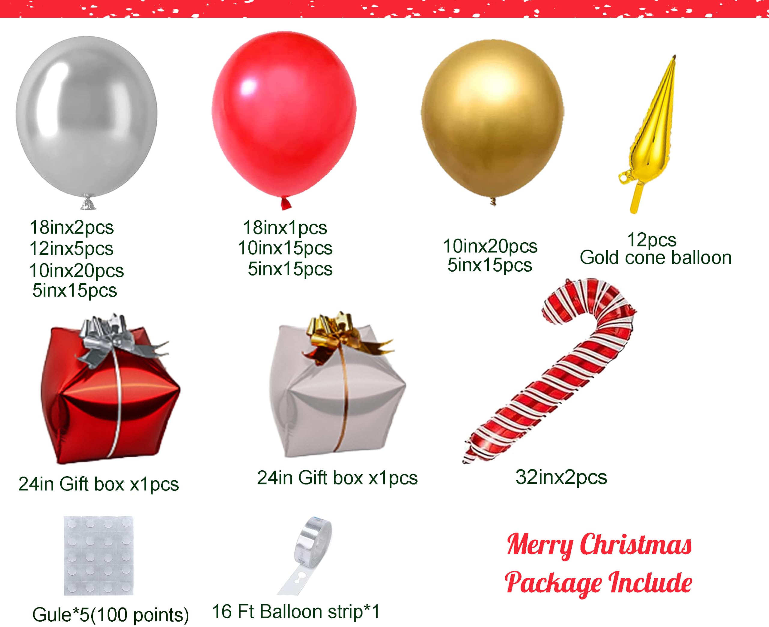 Bonropin Christmas Balloon Garland Arch Kit with Xmas Red and Gold Silver Balloons Candy Cane Balloons Gift Box Balloons Starburst Balloons for New Year Winter Christmas Party Decorations