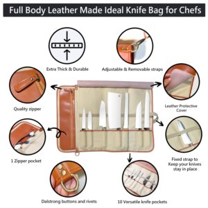 Begin Anywhere Premium Knife Roll Bag Convenient Storage and Protection for Your Chef Knives - Full Body Leather Made Ideal Knife Bag for Chefs, 10 Knife Slots and 1 Zipper Pocket