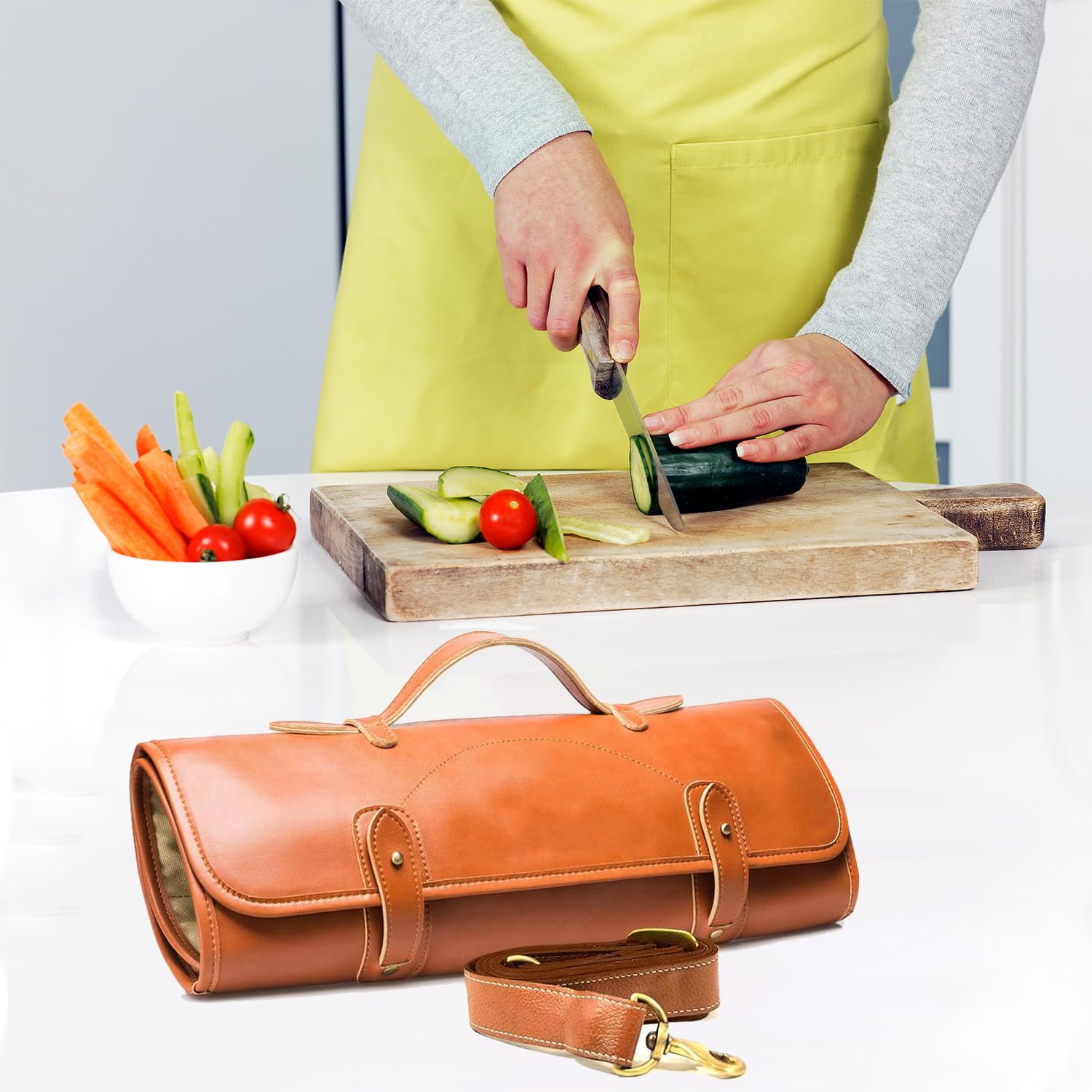 Begin Anywhere Premium Knife Roll Bag Convenient Storage and Protection for Your Chef Knives - Full Body Leather Made Ideal Knife Bag for Chefs, 10 Knife Slots and 1 Zipper Pocket