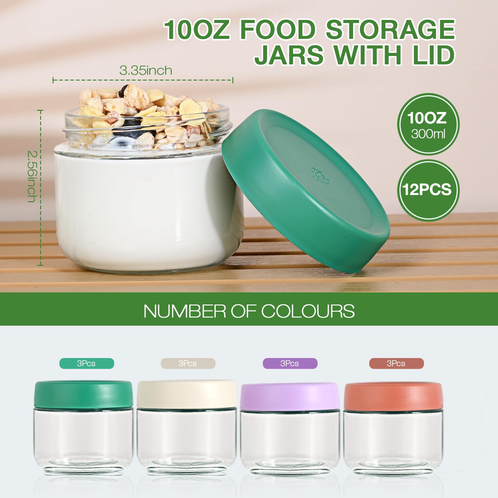 Hoa Kinh 10oz 12Pack Glass Food Storage Jars with Lids, Leak Proof Small Glass Jars for Overnight Oats, Cereal, Clear Empty Glass Jars with Lids for Kitchen(Red, Green, Purple and White)