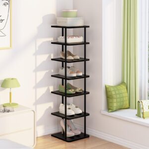 garden 4 you shoe rack organizer 7 tier vertical storage stand, modern corner free standing shoe tower, narrow metal slim shelf for closet, entryway,front door, small spaces, black