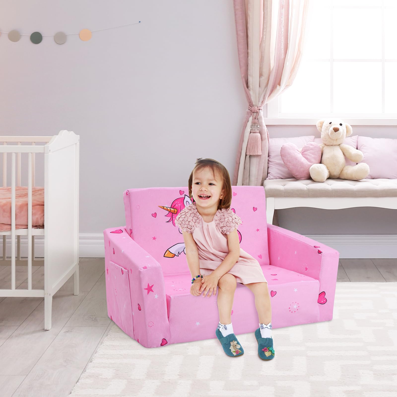 decalsweet Kids Couch Foldable Kids Sofa 2 in 1 Children Convertible Sofas to Lounger Fold Out Toddlers Sofa Bed for Playroom Bedroom Living Rooms Boys and Girls