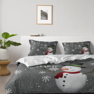 Christmas Snowman 4 Pieces Duvet Cover Queen Bedding Sets,Winter Snowflakes Luxury Soft Comforter Cover Set with Bed Sheet,White Snow Gray Bed Quilt Cover with Pillowcases for Bedroom Decor