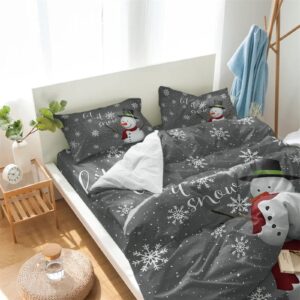 Christmas Snowman 4 Pieces Duvet Cover Queen Bedding Sets,Winter Snowflakes Luxury Soft Comforter Cover Set with Bed Sheet,White Snow Gray Bed Quilt Cover with Pillowcases for Bedroom Decor