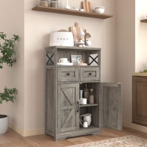 Befrases Farmhouse Storage Cabinet with Drawers and Shelf, Freestanding Kitchen Pantry Storage Cabinet, Floor Storage Cabinet Hutch Cupboard for Kitchen, Living Room, Home Office, Rustic Grey