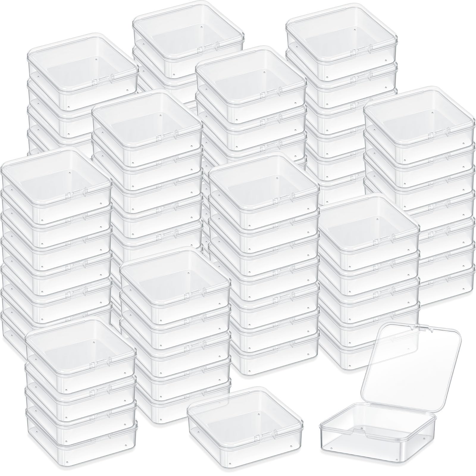 Menkxi 100 Pieces 3 x 3 x 1 Inch Plastic Bead Storage Containers Box Transparent Boxes with Hinged Lid Clear Bead Organizer Box for Small Items DIY Craft Jewelry Hardware Business Cards Game Pieces