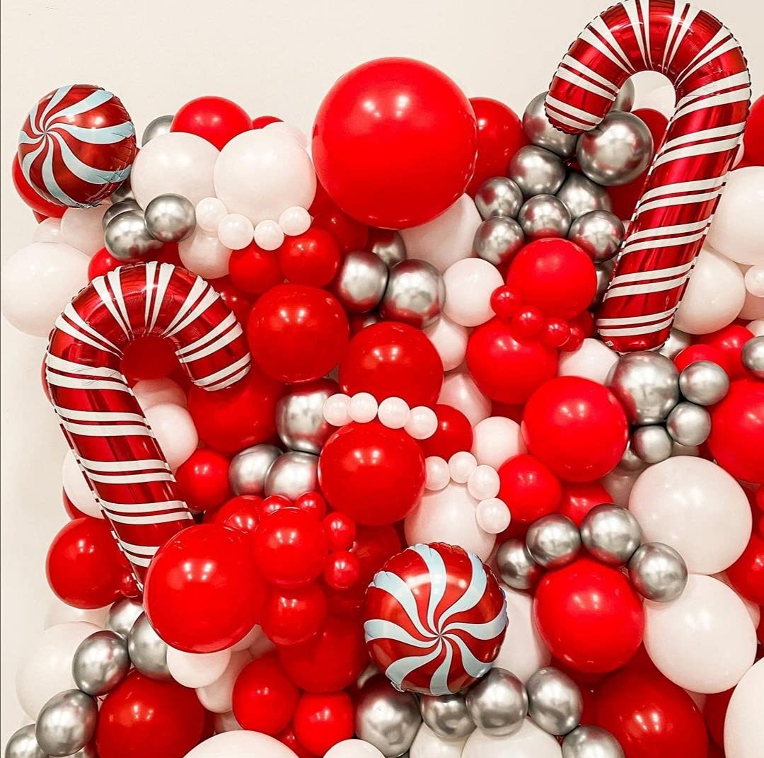 Bonropin Christmas Balloon Garland Arch Kit with Xmas Red and Gold Silver Balloons Candy Cane Balloons Gift Box Balloons Starburst Balloons for New Year Winter Christmas Party Decorations