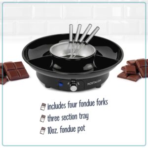 Nostalgia 10 Oz Electric Fondue Pot Set for Cheese & Chocolate - 4 Dipping Forks, 3-Section Food Tray - Kitchen Gadgets and Appliances for H'ors Deouvres, Entrees, Desserts - Black