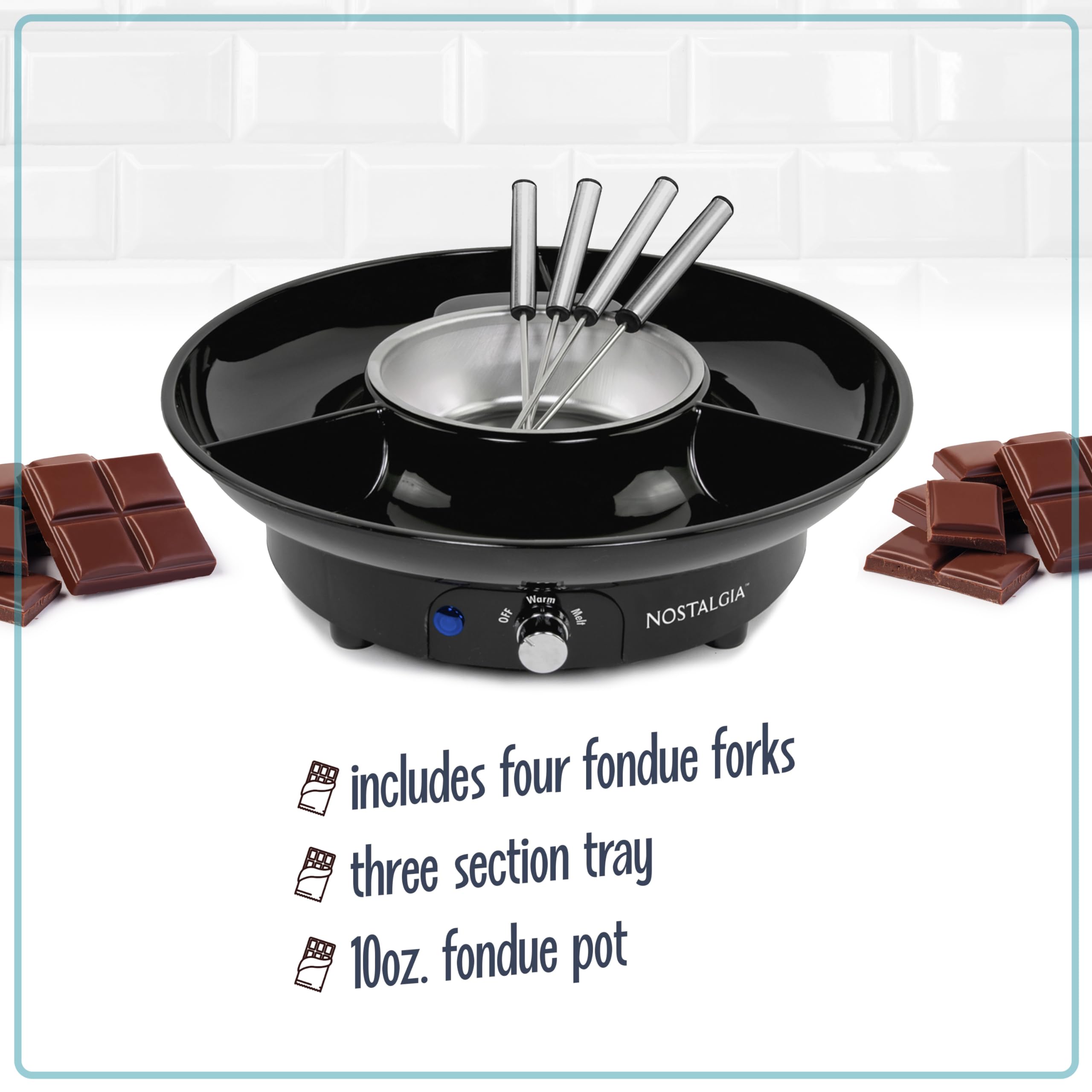 Nostalgia 10 Oz Electric Fondue Pot Set for Cheese & Chocolate - 4 Dipping Forks, 3-Section Food Tray - Kitchen Gadgets and Appliances for H'ors Deouvres, Entrees, Desserts - Black