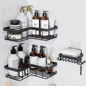 forwos corner shower caddy 3 pack, rustproof stainless steel bathroom organizer and storage, no drilling shower shelf inside shower, adhesive shower shelf for home, bathroom, kitchen (black)