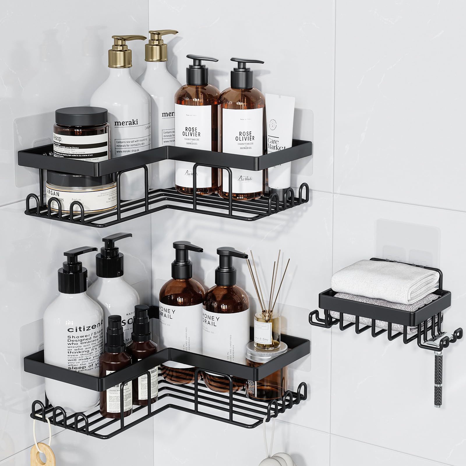 FORWOS Corner Shower Caddy 3 Pack, Rustproof Stainless Steel Bathroom Organizer and Storage, No Drilling Shower Shelf Inside Shower, Adhesive Shower Shelf for Home, Bathroom, Kitchen (Black)