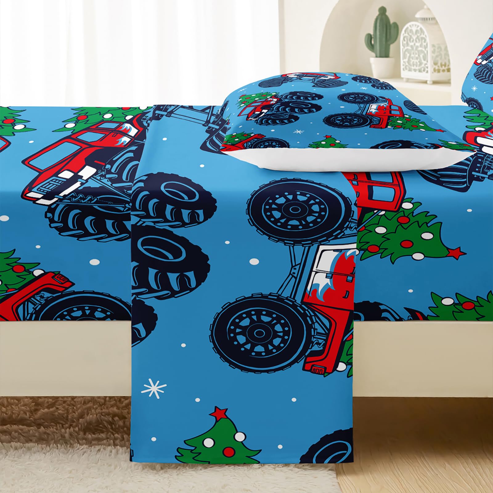 QOOMO Truck Sheets Set Twin Size, Kids Sheets Set Set,Christmas Tree Truck Printing Bedding Ultra Soft，Ultra Sheets Set Twin Size 1 Fitted Sheet, 1 Flat Sheet, 2 Pillow Cases