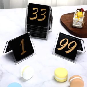 Suzile Table Numbers 1-100, 100-piece Double Sided Gold Acrylic Table Number Tents, 3.15" x 2.75" Number Signs for Receptions, Banquets, Restaurants, and Wedding(Black and Gold)