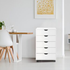 naomi home 5 drawer dresser for bedroom, stylish tall dressers with wheels, storage shelves, small dresser for closet, makeup dresser with 180 lbs capacity - white