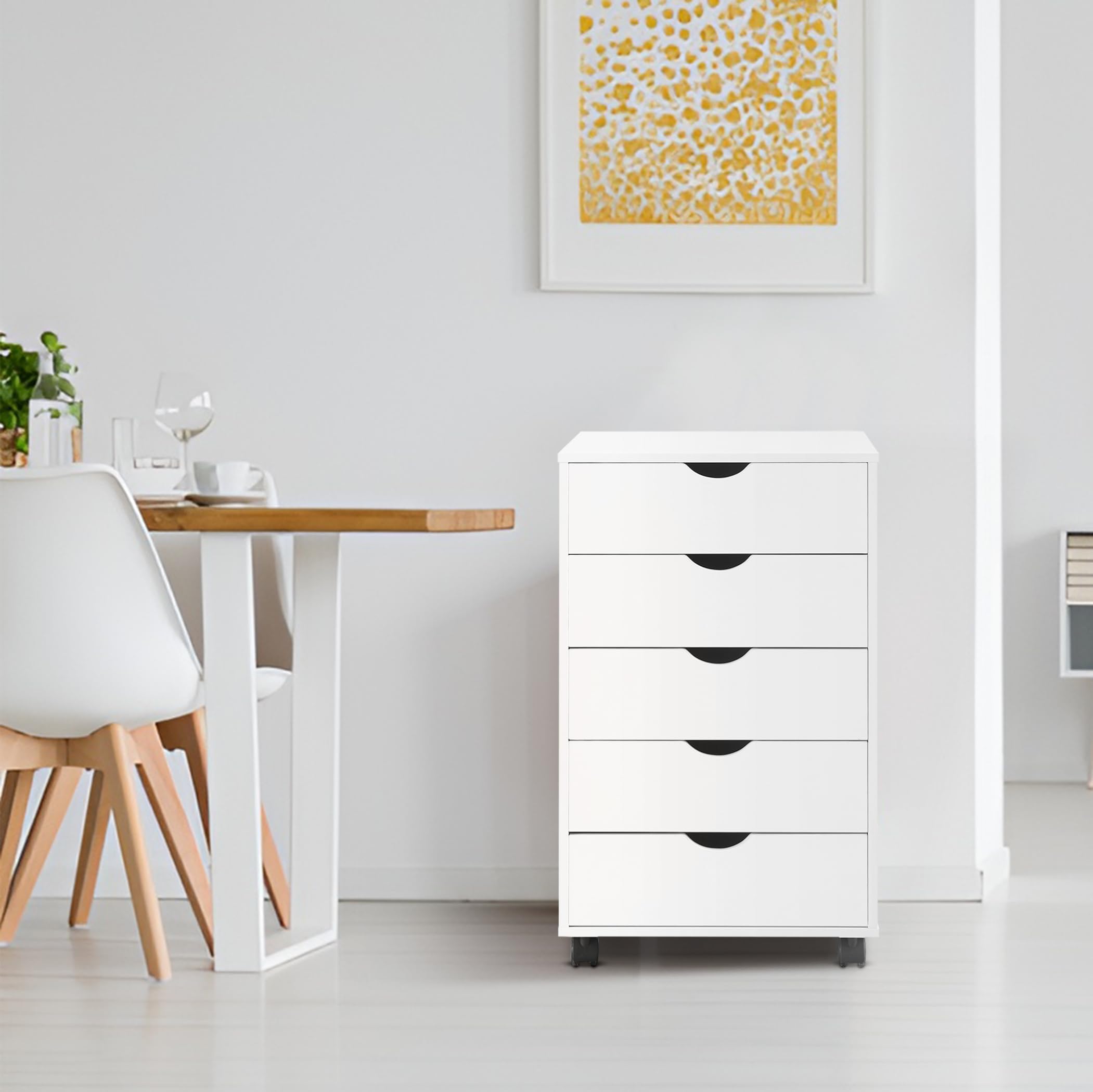 Naomi Home 5 Drawer Dresser for Bedroom, Stylish Tall Dressers with Wheels, Storage Shelves, Small Dresser for Closet, Makeup Dresser with 180 lbs Capacity - White