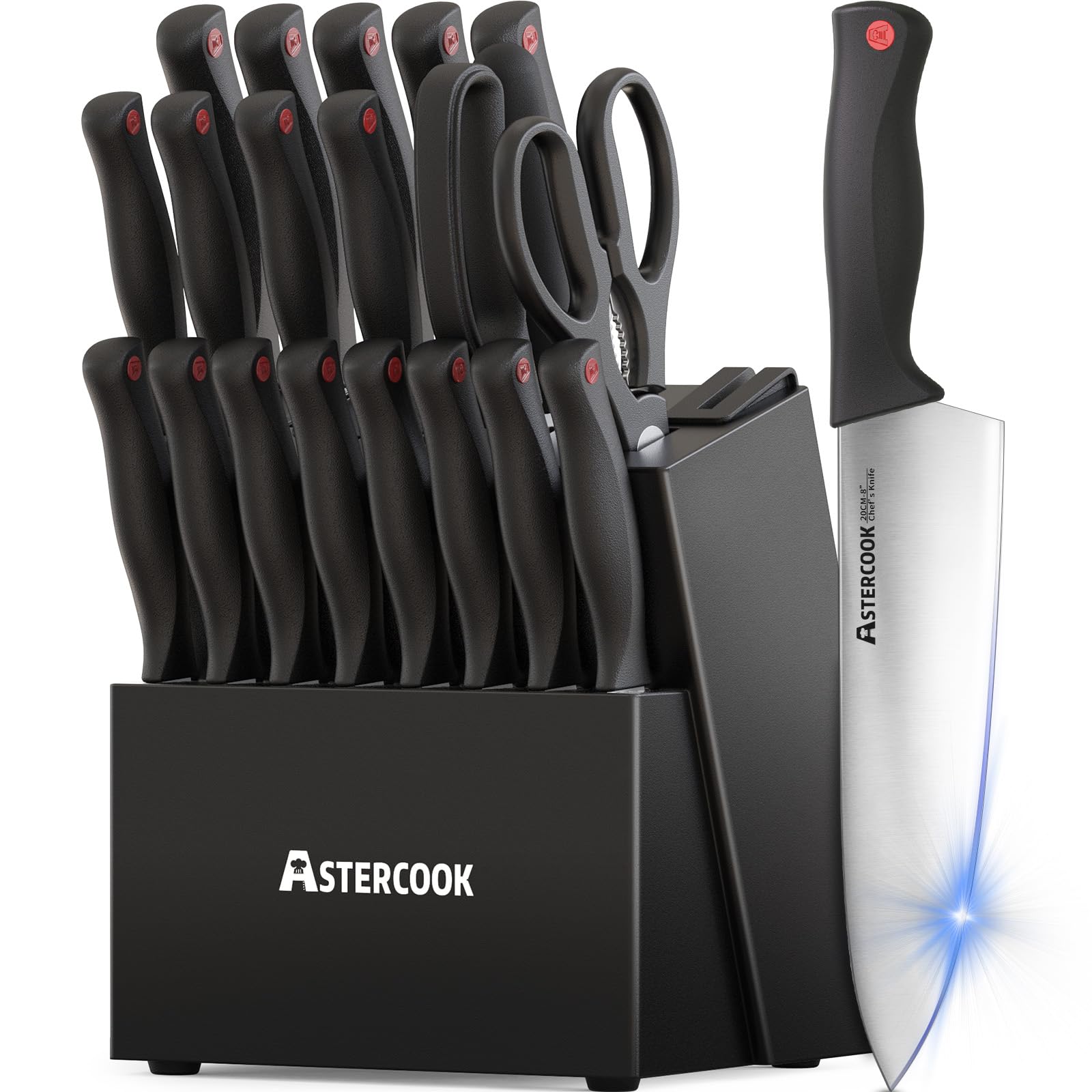 Knife Set, Astercook 21 Pieces Knife Sets for Kitchen with Block, Dishwasher Safe Kitchen Knife Set with Built-in Sharpener, Black