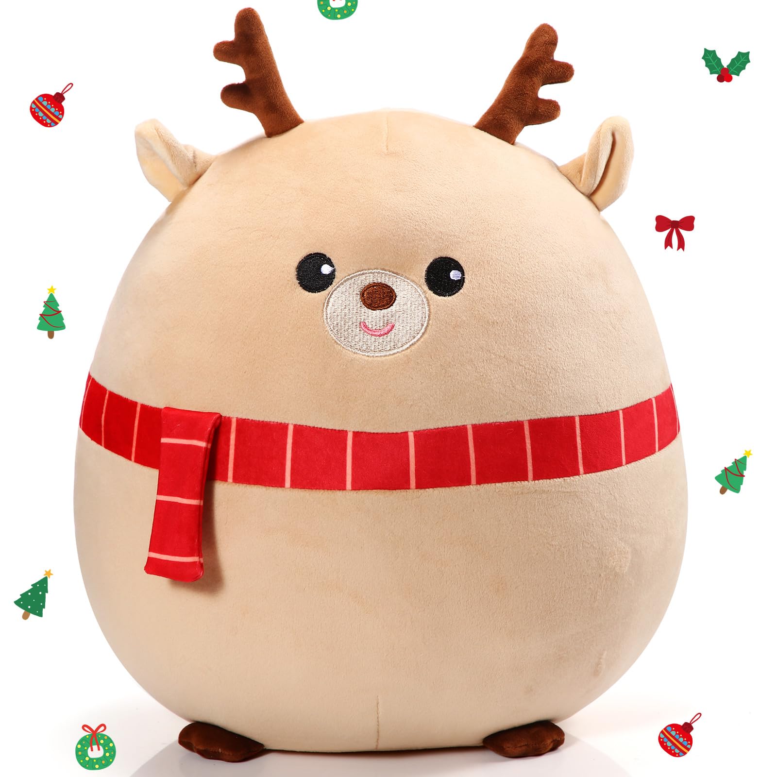 Huwena 14 Inch Christmas Reindeer Plush Throw Pillow Soft Cuddly Stuffed Pillow Large Christmas Hugging Cushion for Home Bedroom Office Sofa Decor Christmas Birthday Holiday Party Favor Gift