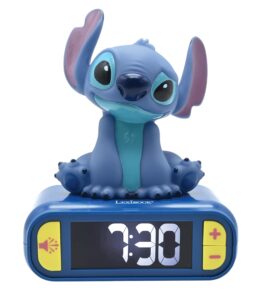 lexibook, disney stitch, stitch nightlight alarm clock, sounds and melodies, lcd backlit screen, luminous, snooze, blue, rl800d