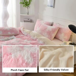 BEDMEO Tie Dye Plush Luxury Fluffy Faux Fur Duvet Cover Set,Soft Crystal Velvet Bedding Sets,Boho Bedding for 3 Pieces Chic Home Duvet Covers(1 Furry Duvet Cover + 2 Pillowcases) King,Tie-Dye Pink