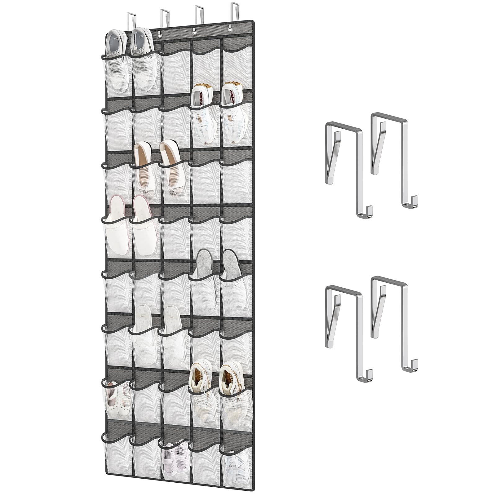 Fixwal Over The Door Shoe Organizers 40 Mesh Pockets Hanging Shoe Organizer Shoe Rack For Closet Entryway Bedroom Bathroom Pantry Shoe Holder, Men Sneakers, Women High Heeled Shoes, Flip Flops (Grey)