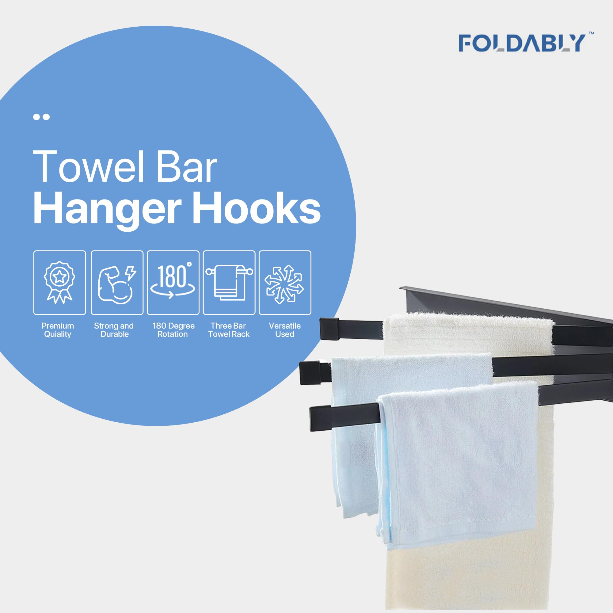 Foldably 180° Rotating 3-Arm Towel Multipurpose Rack - No Nail, Stick with Glue (Included) - Non-Slip, Waterproof & Made of Iron - Maximize Storage in Bathroom, Bedroom, Kitchen (White)