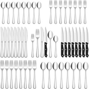 euirio 48-piece silverware set with steak knives, heavy duty stainless steel flatware set for 8, food-grade tableware cutlery set, utensil sets for home restaurant, mirror finish, dishwasher safe