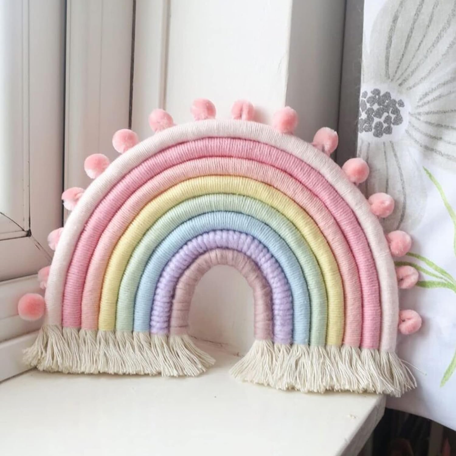 Large Macrame Rainbow Wall Hanging Decor Handmade Pom Pom Garland Rainbow Decor for Kids Room Girls Bedroom Baby Shower Nursery Decorations