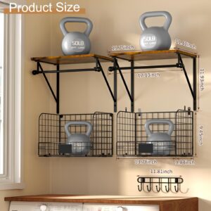 Laundry Room Shelves Wall Mounted with Wire Baskets, Over the Washer and Dryer Shelf with Clothes Drying Rack, Wire Shelves Baskets for Laundry Closet Organization and Storage, Wood+Metal, Black