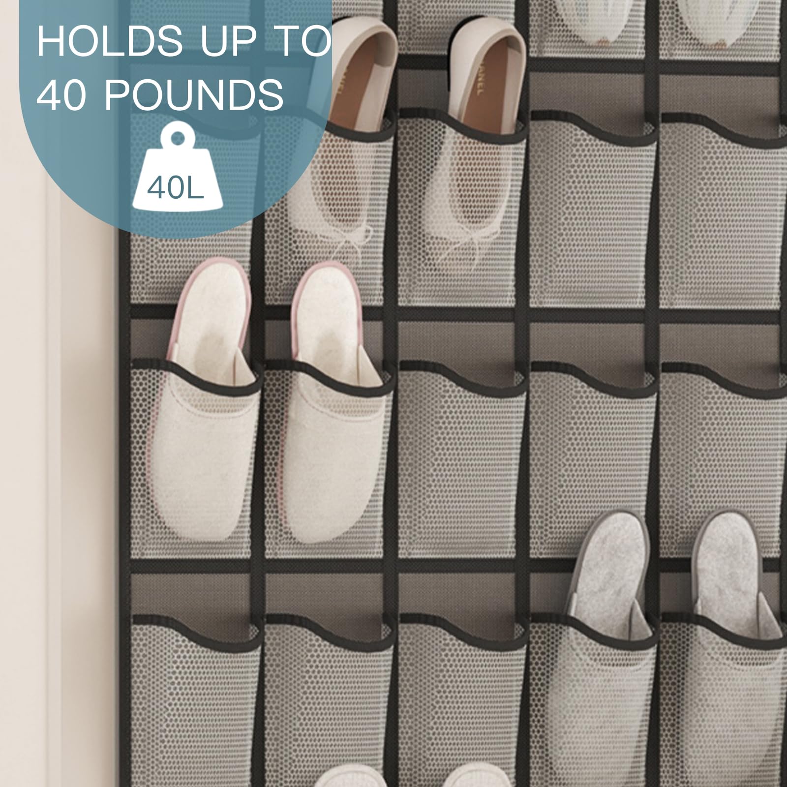 Fixwal Over The Door Shoe Organizers 40 Mesh Pockets Hanging Shoe Organizer Shoe Rack For Closet Entryway Bedroom Bathroom Pantry Shoe Holder, Men Sneakers, Women High Heeled Shoes, Flip Flops (Grey)