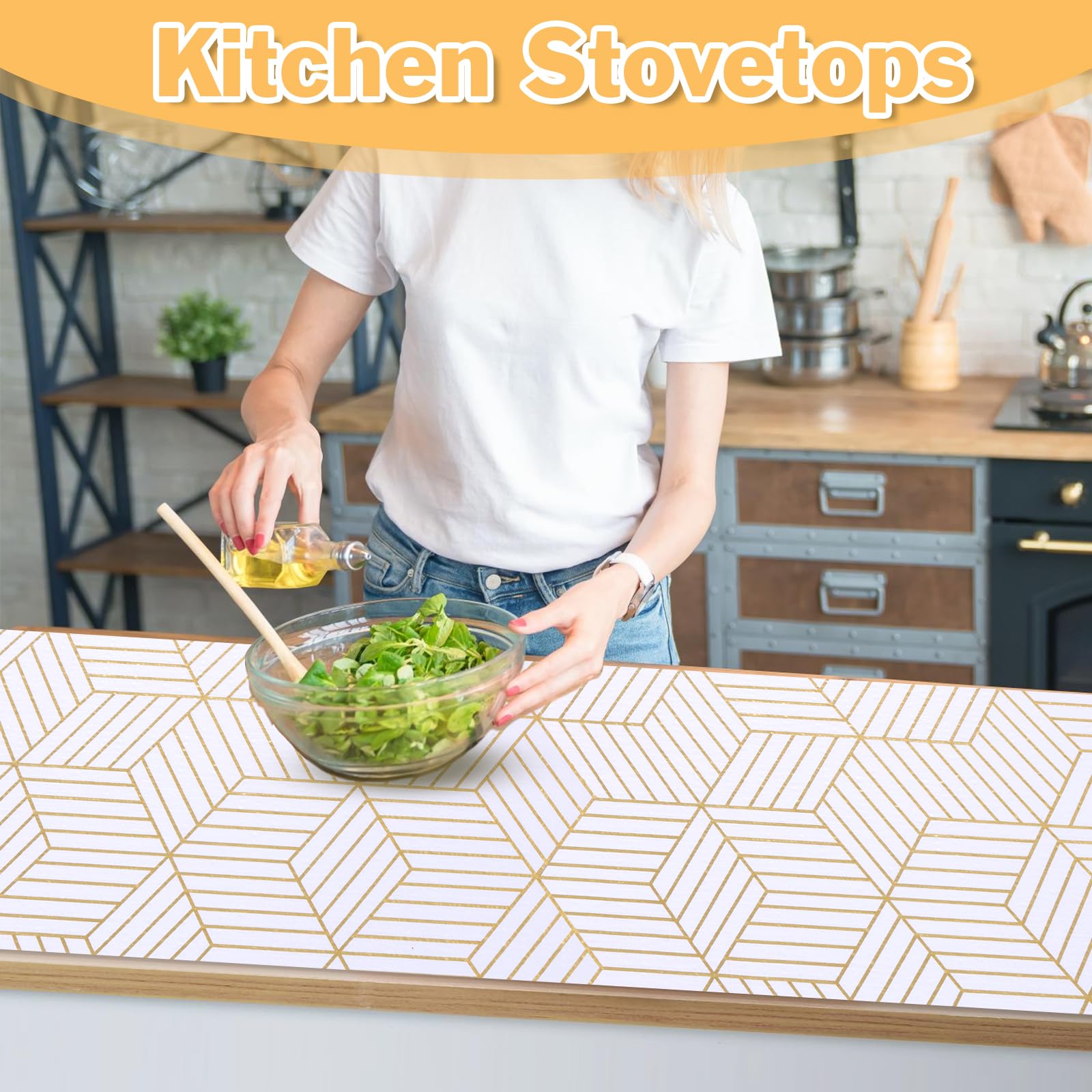 Shelf Liners for Kitchen Cabinets Non Adhesive Shelf Liner Paper Non-Slip Thickened Drawer Liner Easy to Clean for Tool Box Refrigerator with Knife and Tape Measure, Gold Geometric, 11.8 x 118 in