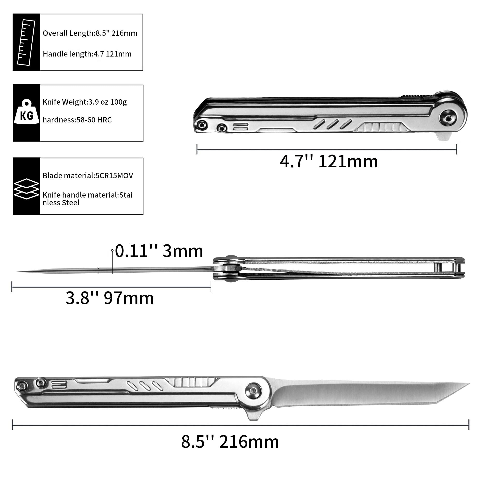 Carimee Slim Pocket Folding Knife with 3.8” Blade, Stainless Steel Handle, EDC Gentlemen knife for Outdoor, 2024 Gifts for Men and Women, Silver