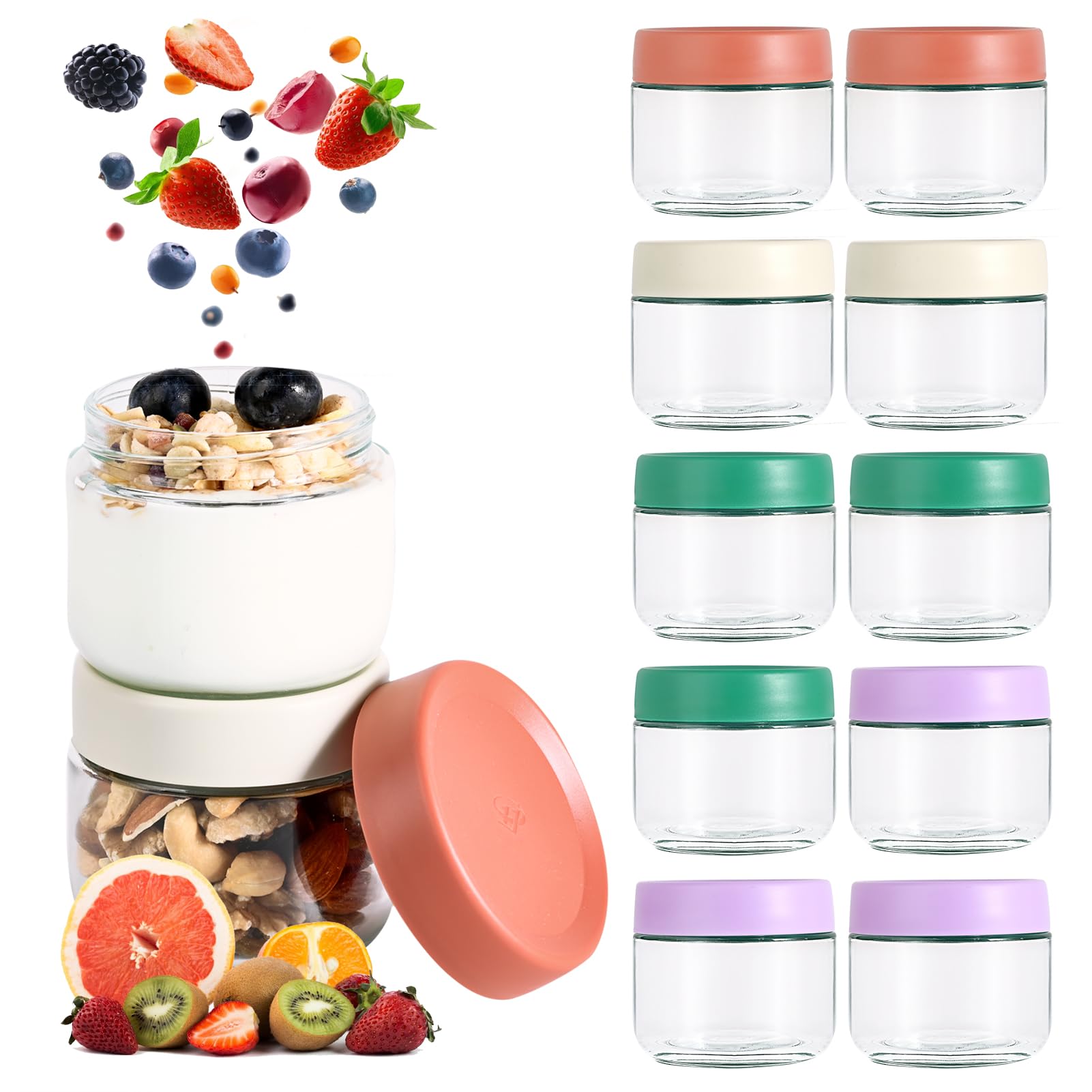 Hoa Kinh 10oz 12Pack Glass Food Storage Jars with Lids, Leak Proof Small Glass Jars for Overnight Oats, Cereal, Clear Empty Glass Jars with Lids for Kitchen(Red, Green, Purple and White)