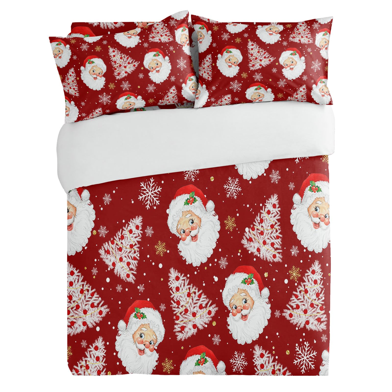 Christmas Santa Claus Queen Bedding Duvet Cover Set 3 Pieces Red Berry Xmas Tree Soft Luxury Printed Comforter Covers 2 Pillow Shams for Bedroom Decor Golden White Snowflakes