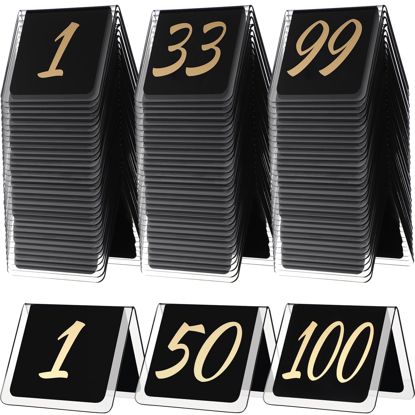 Suzile Table Numbers 1-100, 100-piece Double Sided Gold Acrylic Table Number Tents, 3.15" x 2.75" Number Signs for Receptions, Banquets, Restaurants, and Wedding(Black and Gold)