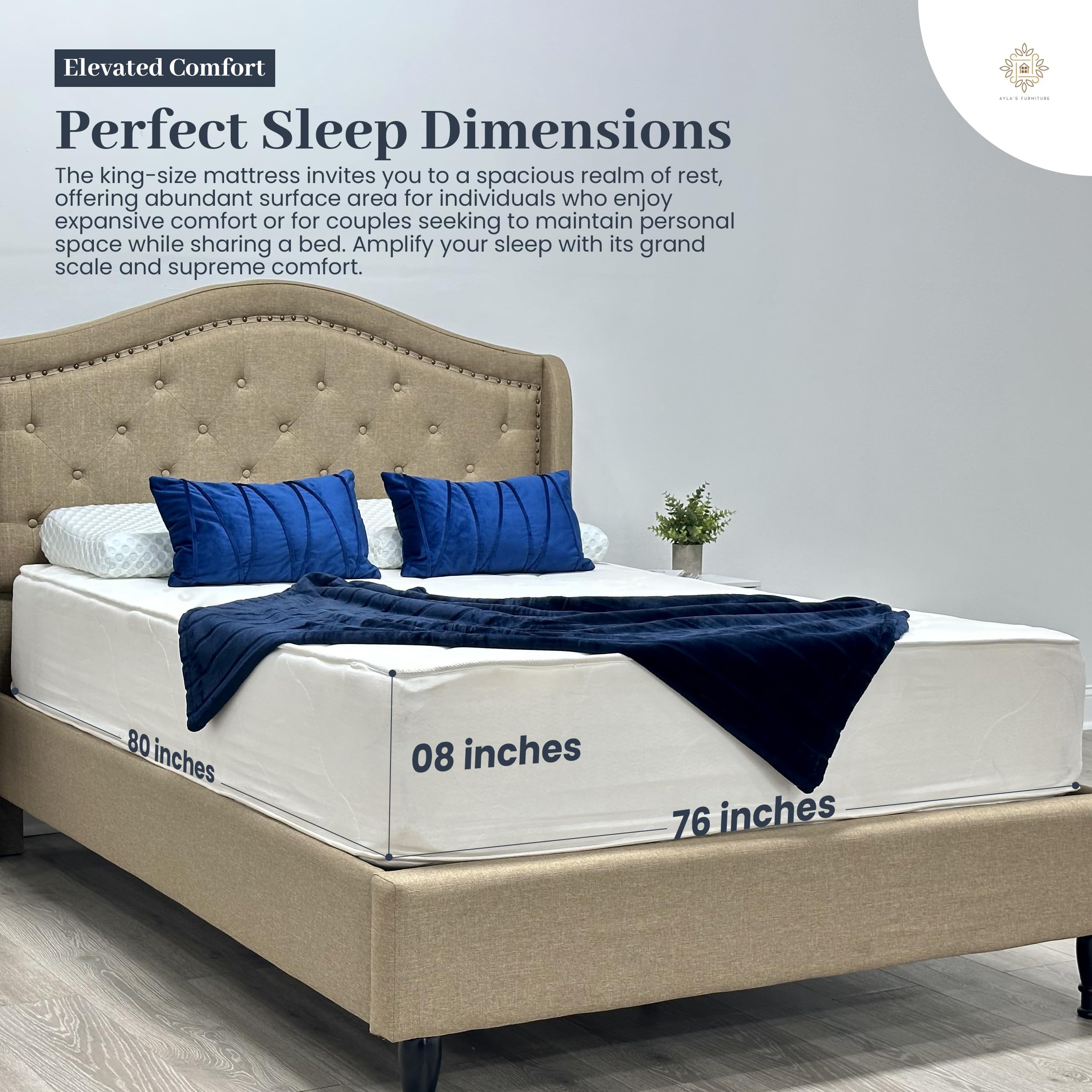 Aylas Furniture King Size Mattress 8 Inch King Size Foam Mattress High Density Reflex Support Layer & Visco-Elastic Comfort Foam & Premium Polyester Cover Eco-Friendly Breathable Firm King Mattress