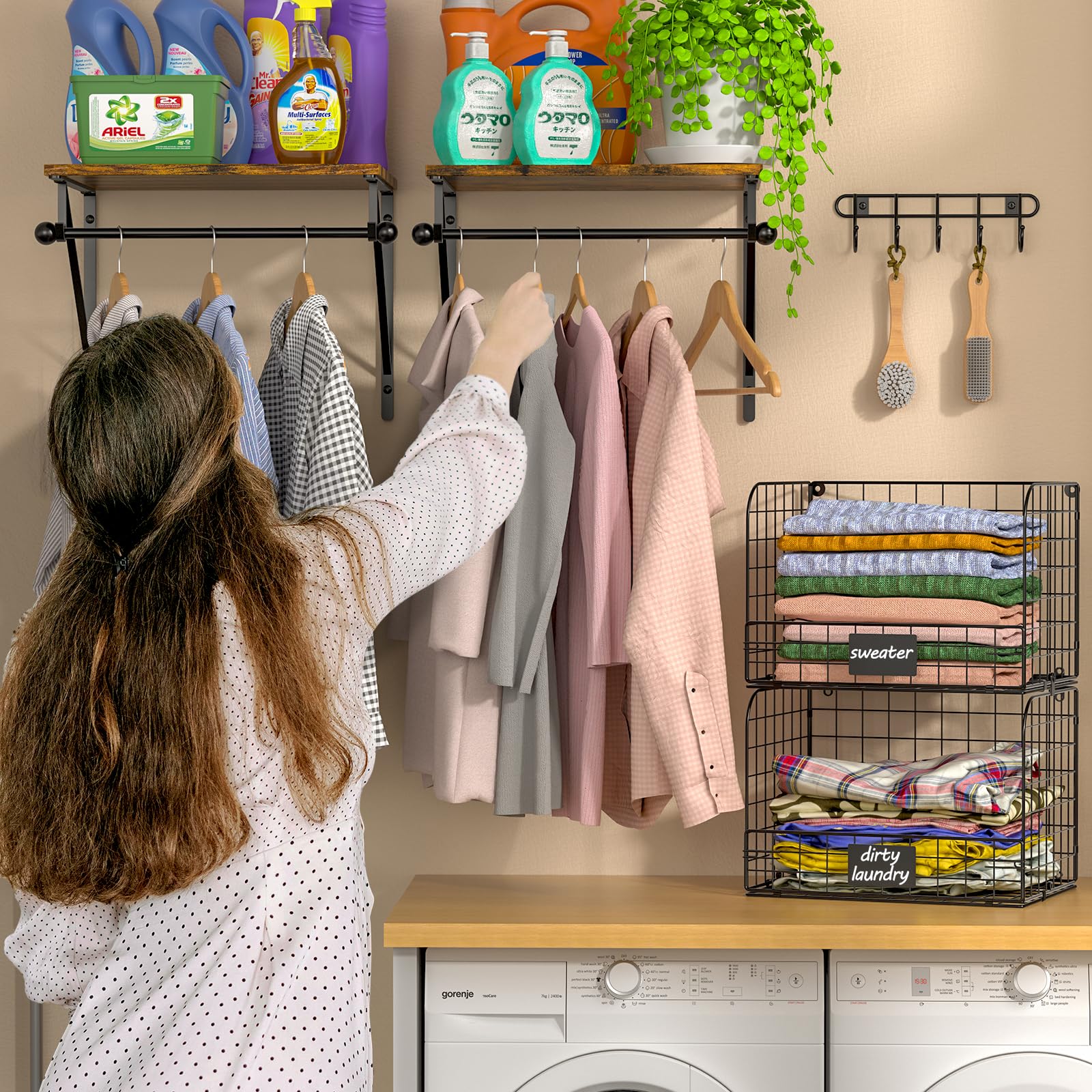 Laundry Room Shelves Wall Mounted with Wire Baskets, Over the Washer and Dryer Shelf with Clothes Drying Rack, Wire Shelves Baskets for Laundry Closet Organization and Storage, Wood+Metal, Black